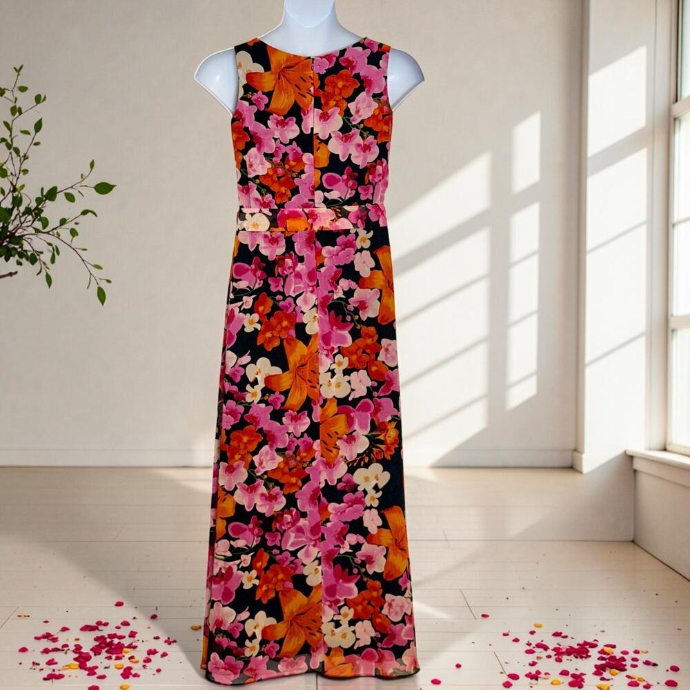 Eliza J Floral Maxi Dress XL Pink Orange Resort Wedding Guest Belted Sleeveless - Picture 3 of 10
